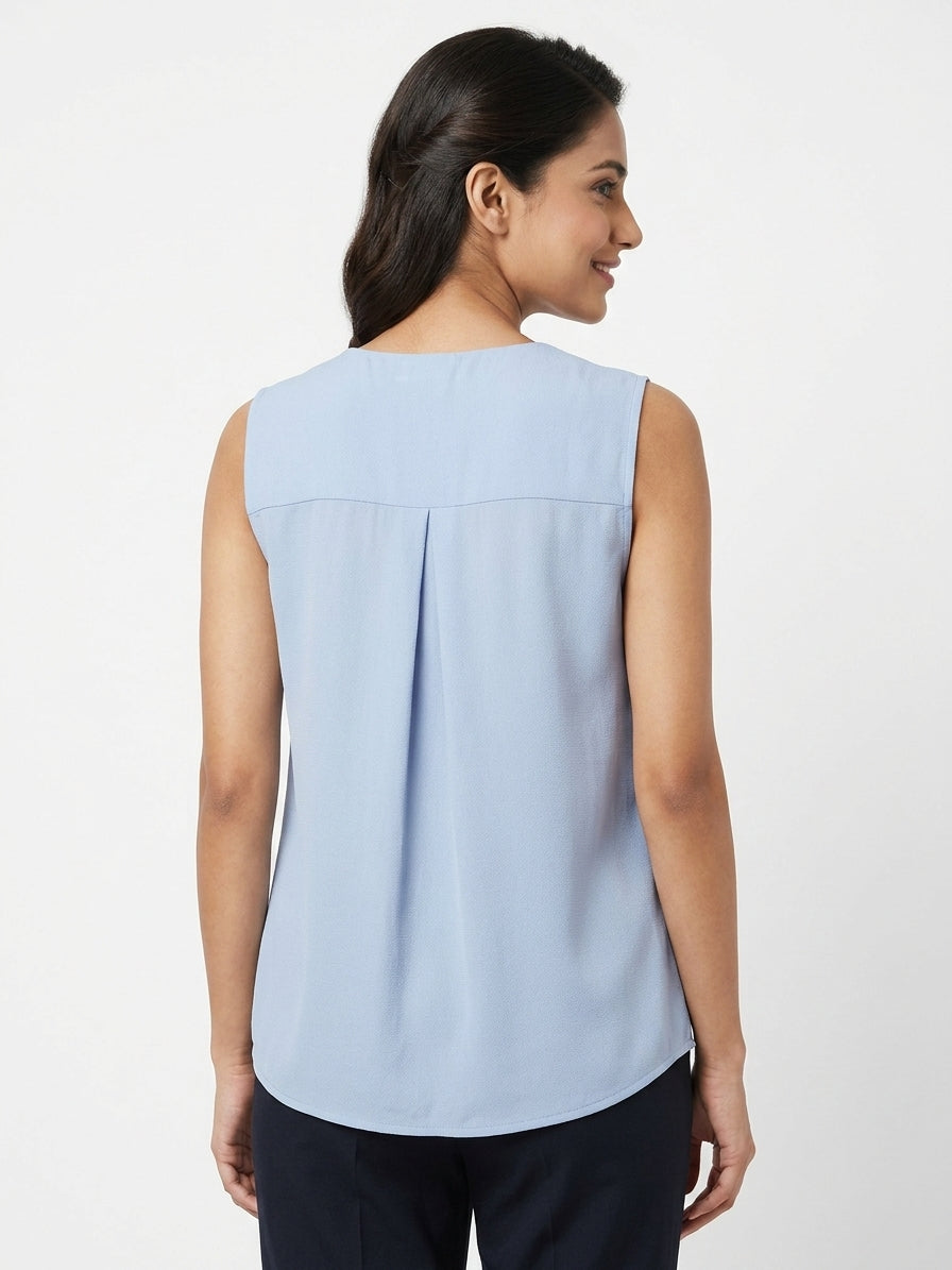 Light Blue Solid V-Neck Sleeveless Relaxed Fit Top