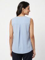 Light Blue Solid V-Neck Sleeveless Relaxed Fit Top