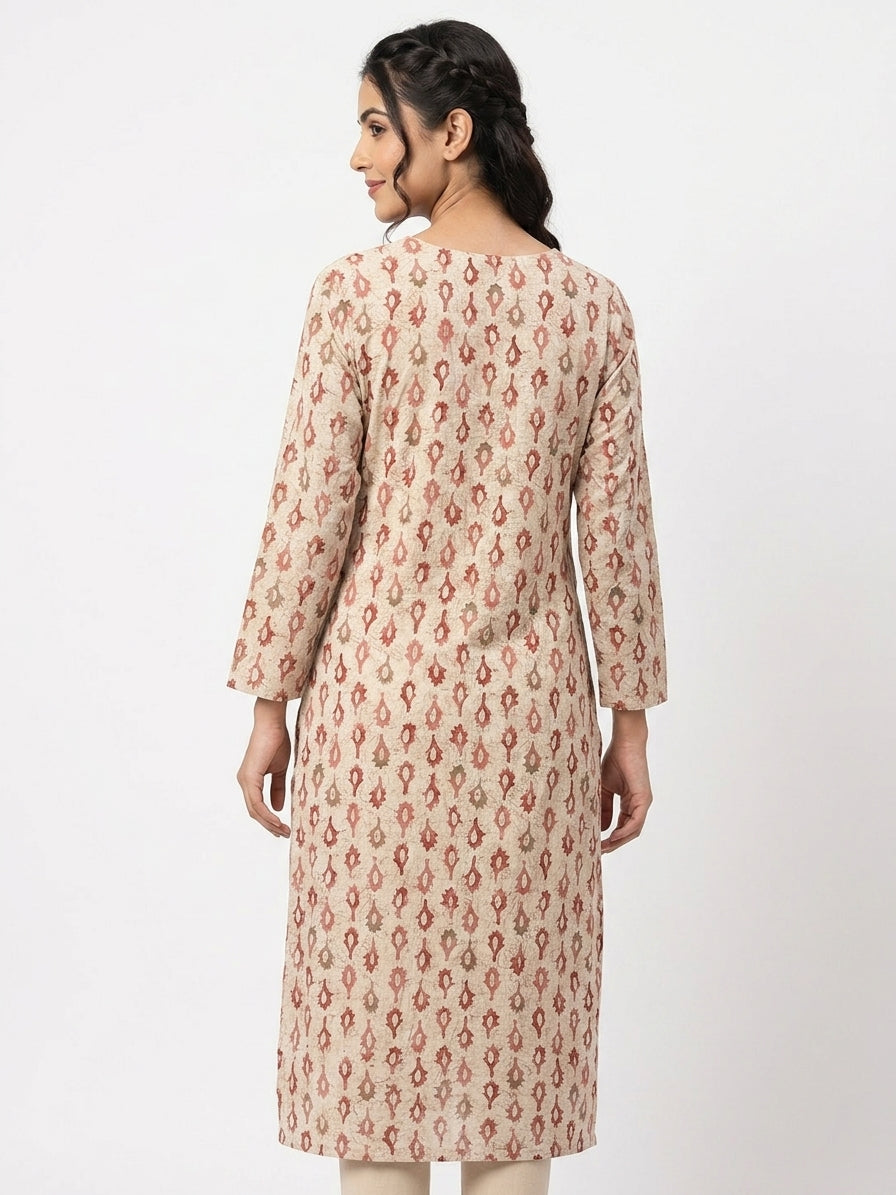 Off White Printed Kurti with Embellished Neckline