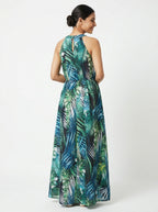 Multi-Color Botanical Print Halter Neck Maxi Dress