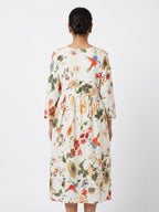 Off White Floral & Bird Print Relaxed Fit Dress