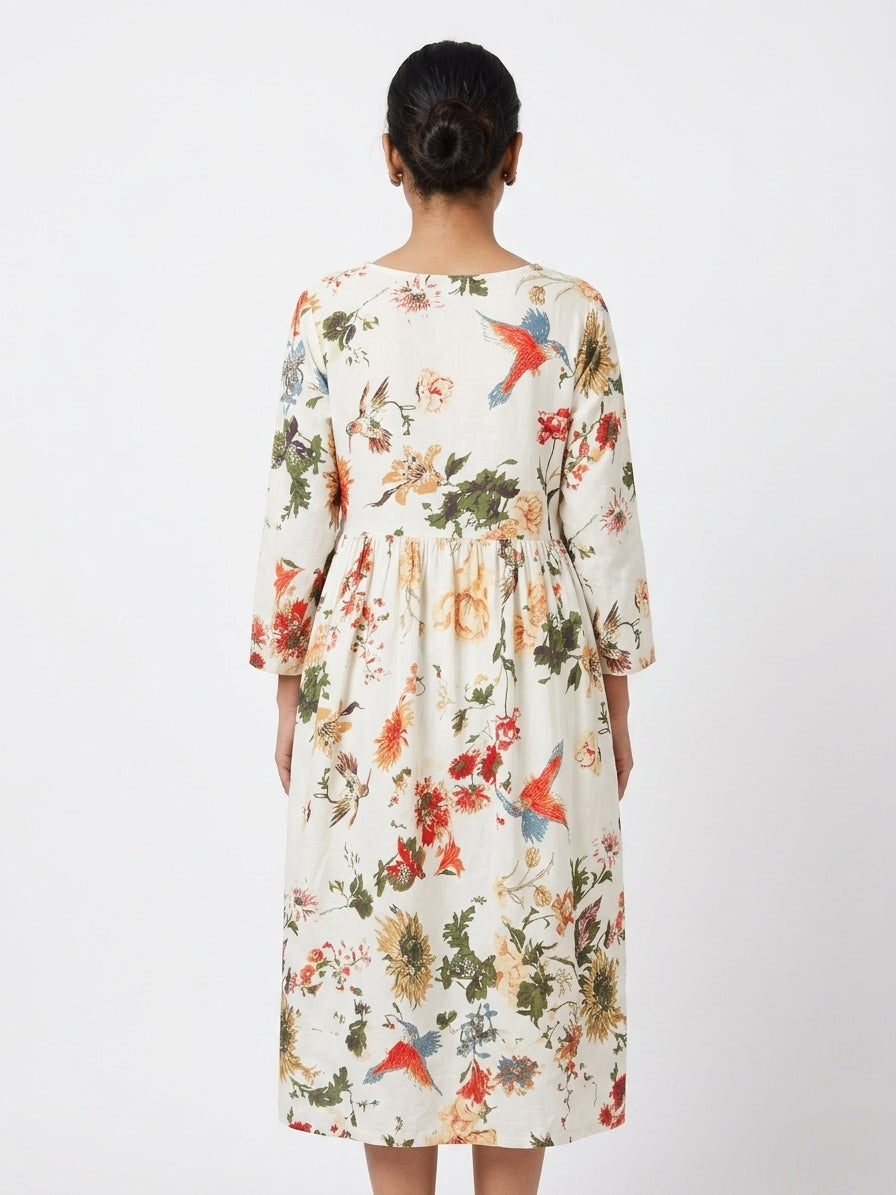 Off White Floral & Bird Print Relaxed Fit Dress