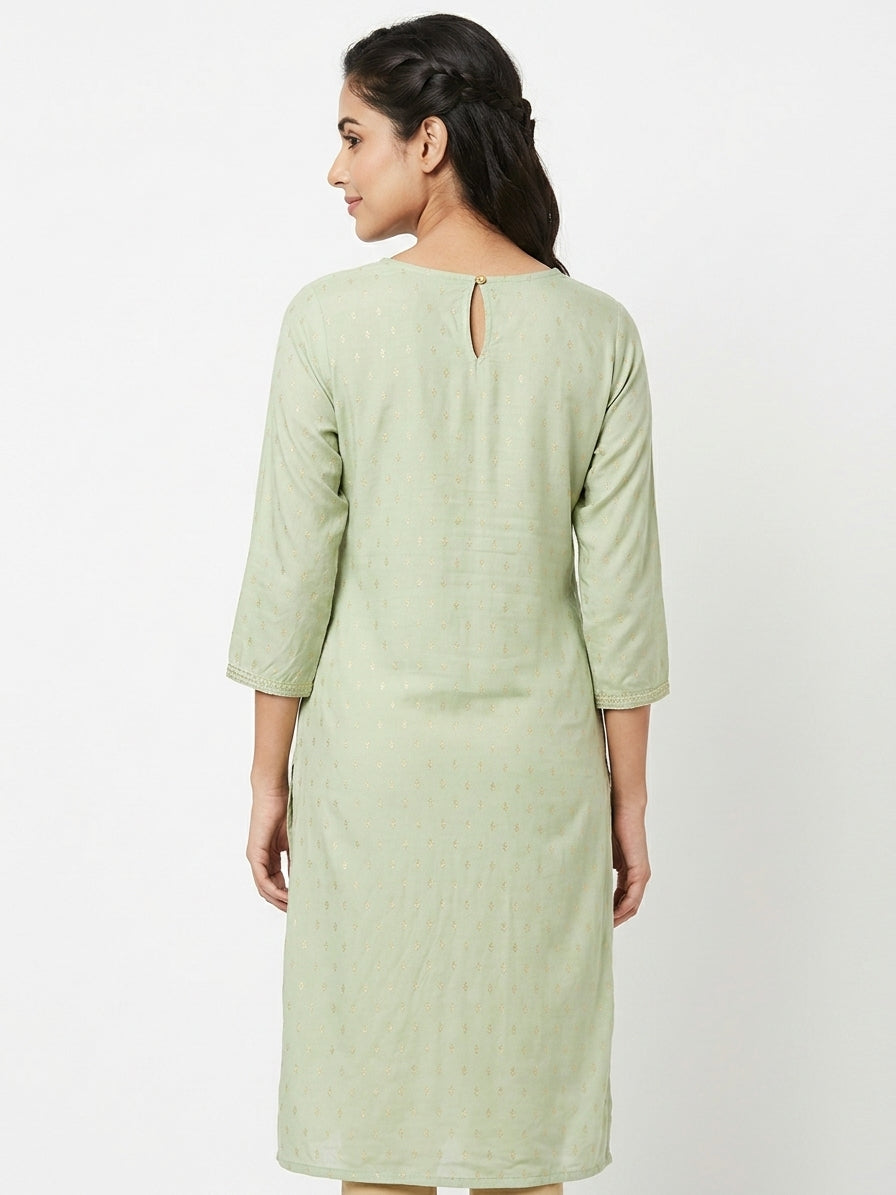 Light Green Printed Kurti with Embellished Placket