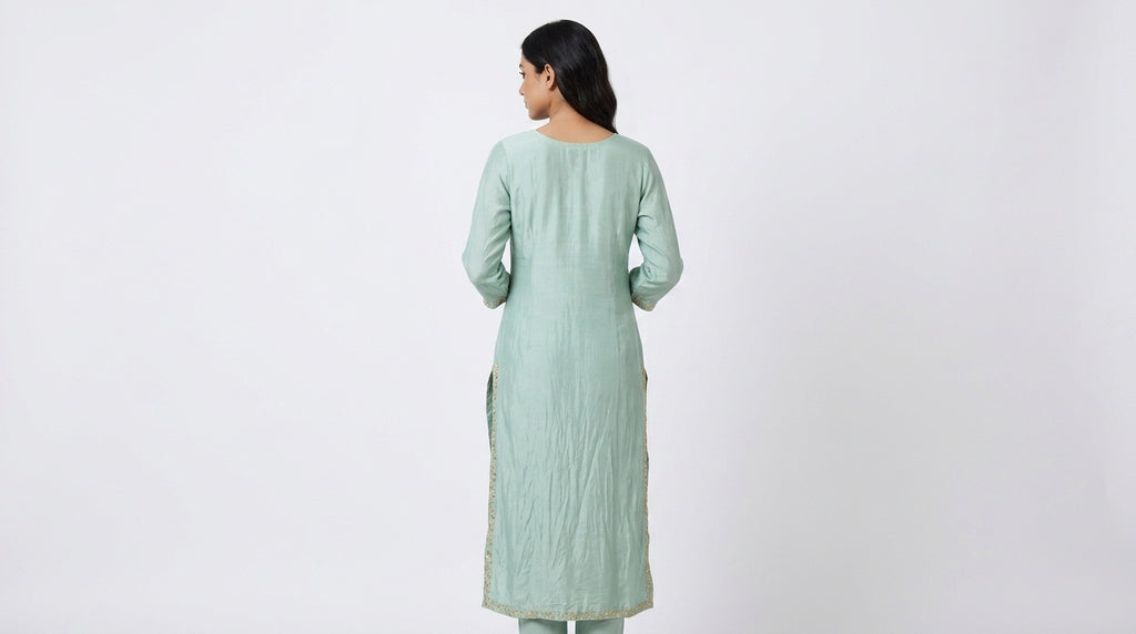 Sea Green Embellished Floral Viscose Kurti