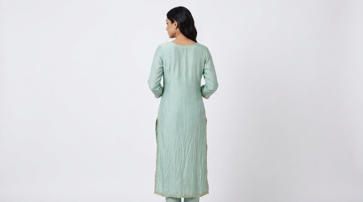 Sea Green Embellished Floral Viscose Kurti