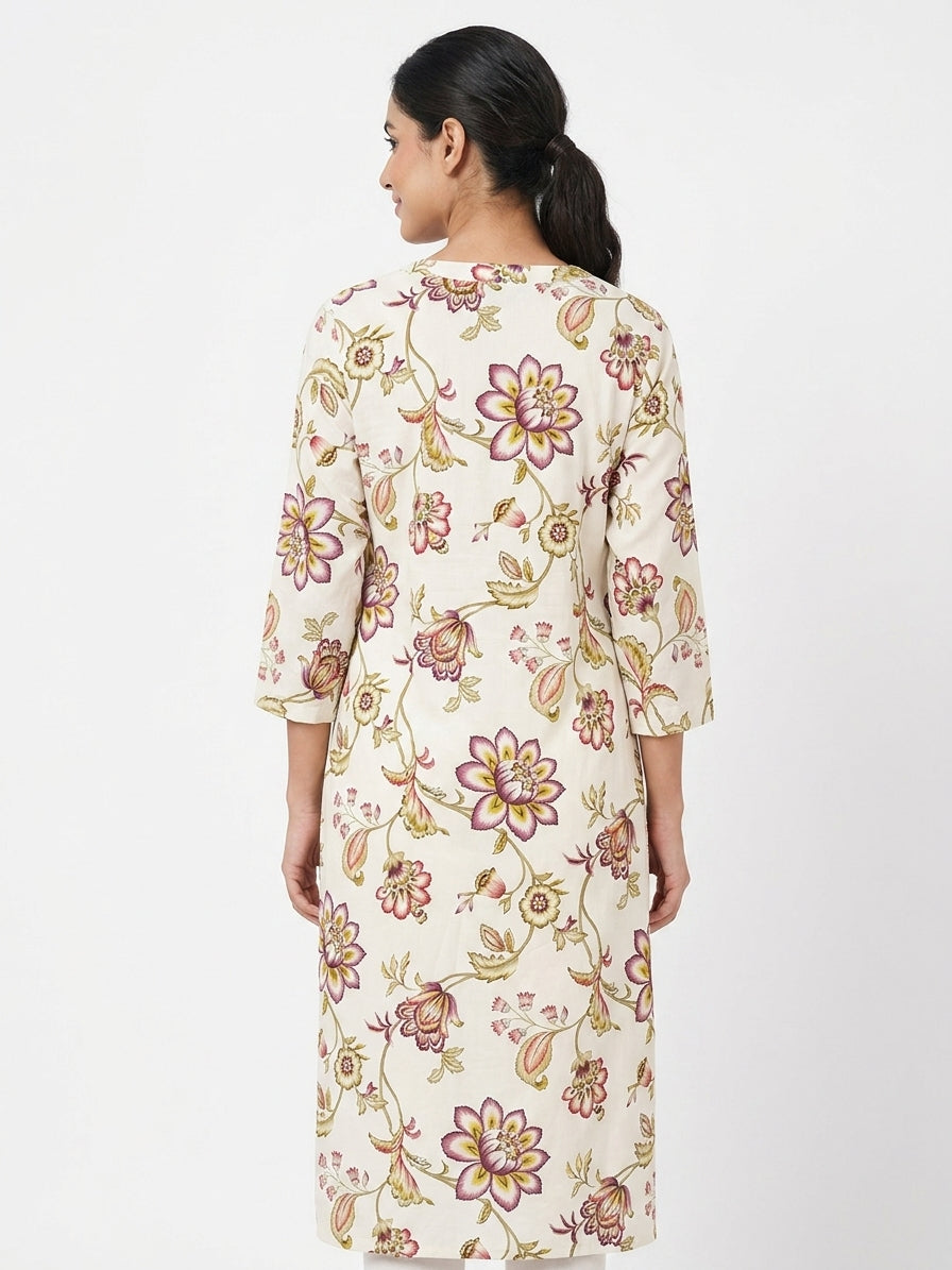 Women's Off White Floral Printed Kurti