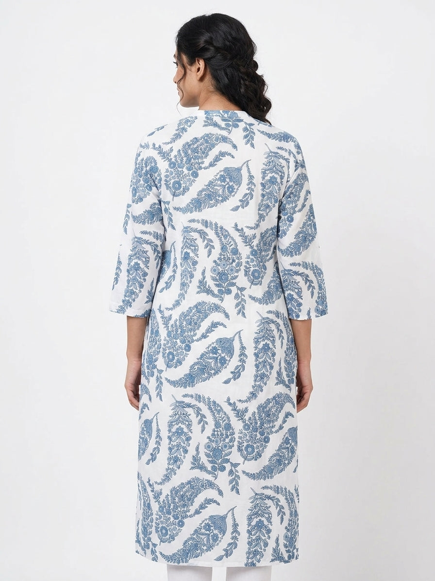 Women's Blue and White Floral Printed Cotton Kurti