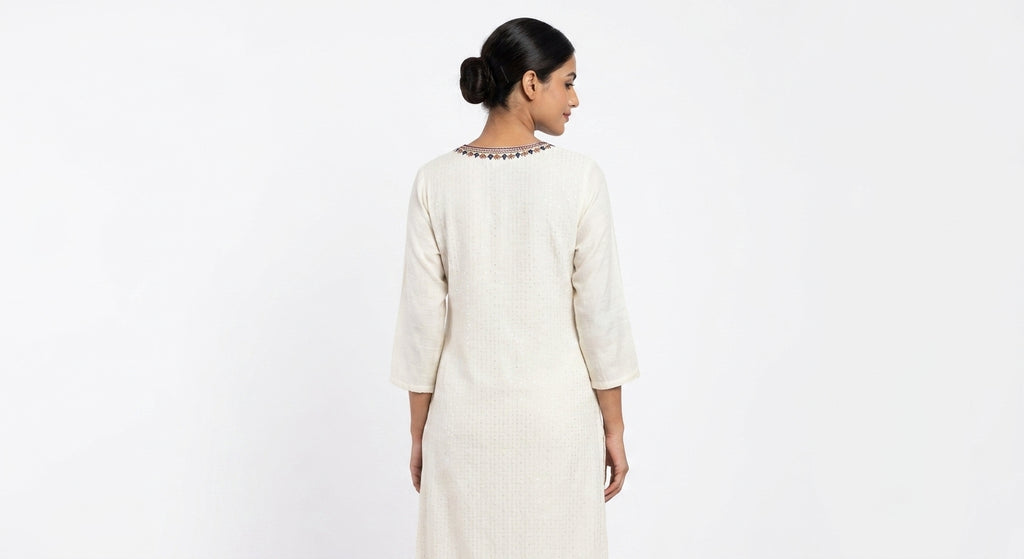Off White Embellished Viscose Kurti with Ethnic Yoke Embroidery