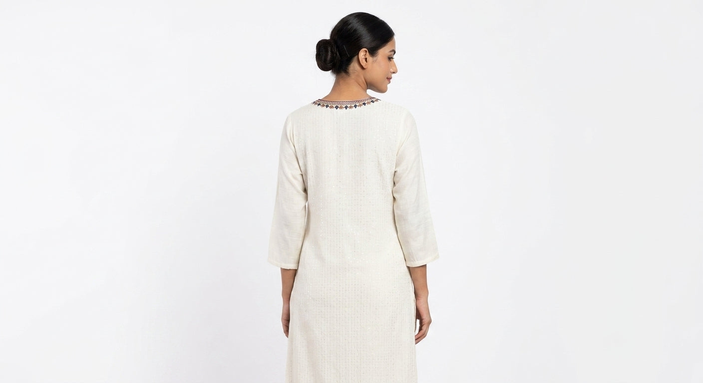Off White Embellished Viscose Kurti with Ethnic Yoke Embroidery