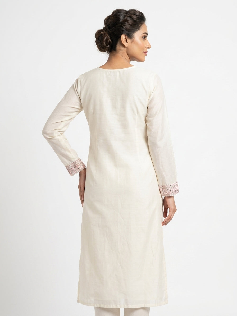 Off White Embellished Straight Kurti