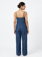 Dark Blue Casual Cotton Jumpsuit with Button Front