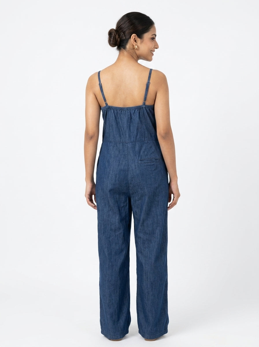 Dark Blue Casual Cotton Jumpsuit with Button Front