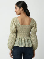 Women's Cream Floral Smocked Square Neck Top
