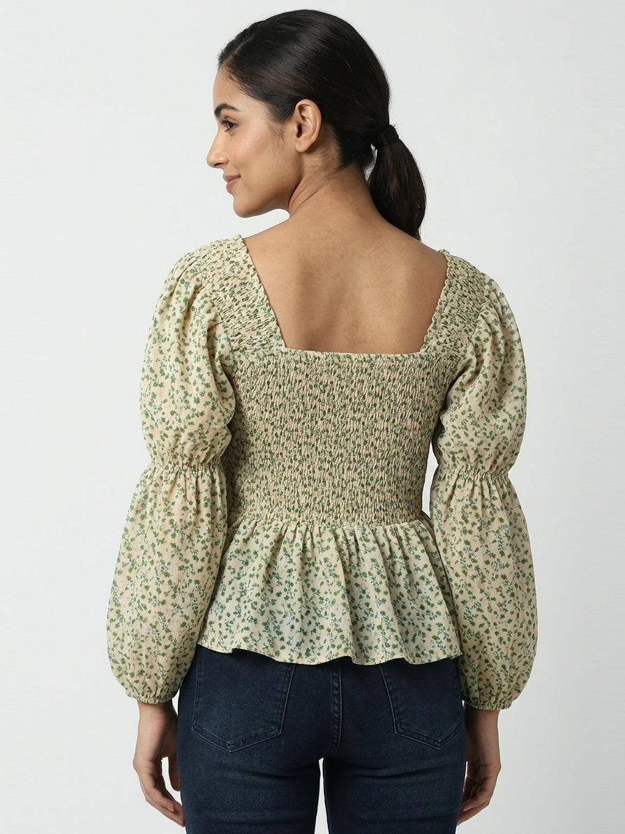Women's Cream Floral Smocked Square Neck Top
