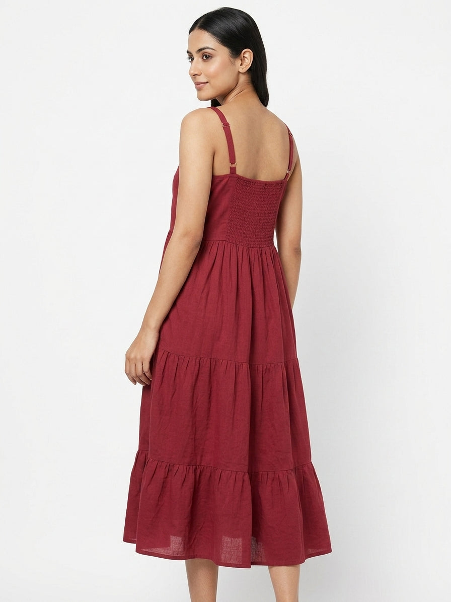 Women's Maroon Solid Flared Casual Dress