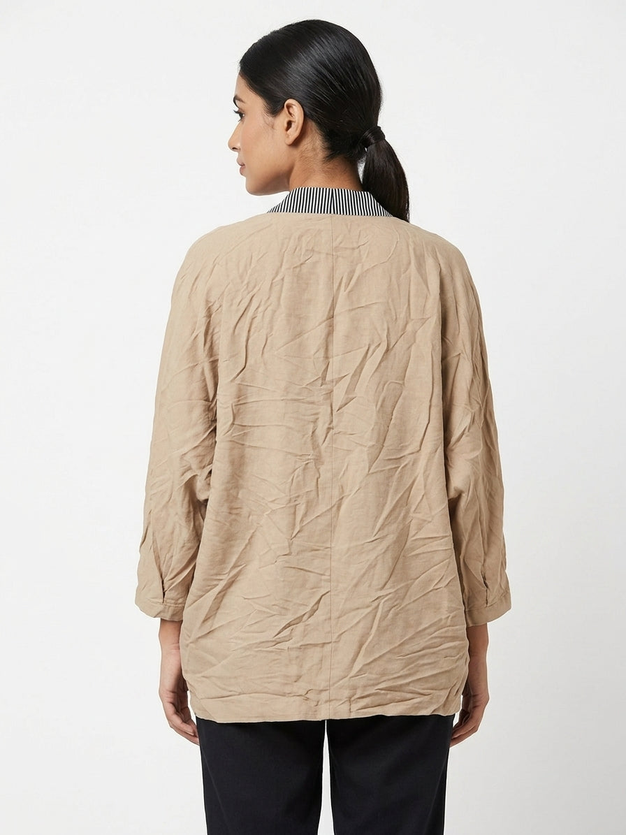 Beige Solid Relaxed Fit Open-Front Jacket
