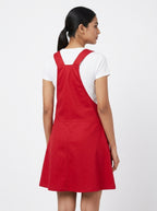 Women's Red Solid Pinafore A-line Dress