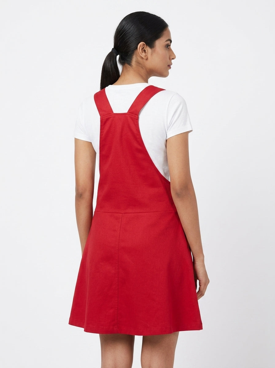Women's Red Solid Pinafore A-line Dress