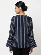 Women's Navy Striped Wrap Front Top