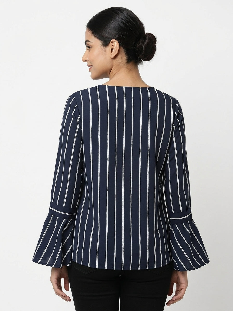 Women's Navy Striped Wrap Front Top