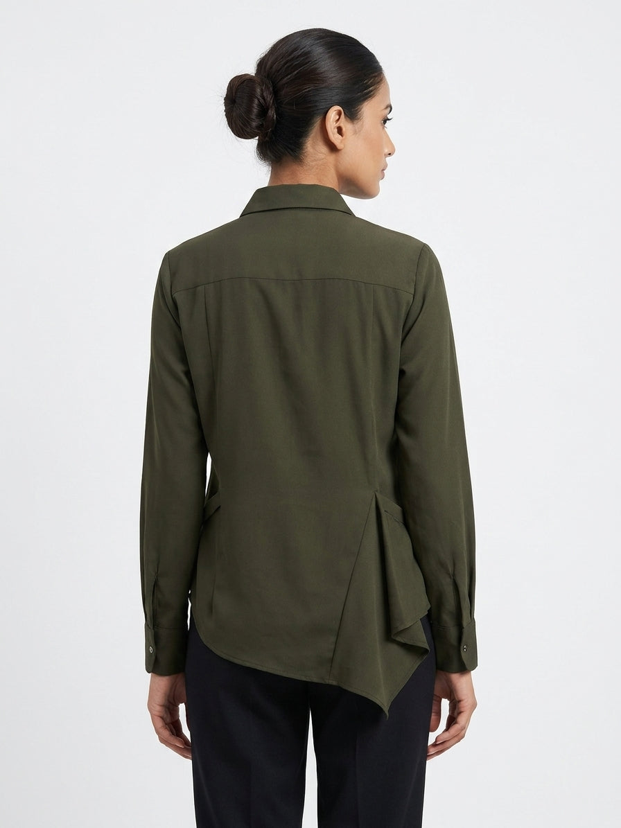 Dark Olive Draped Collared Casual Shirt