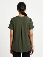 Dark Green Solid Regular Fit Button-Down Top