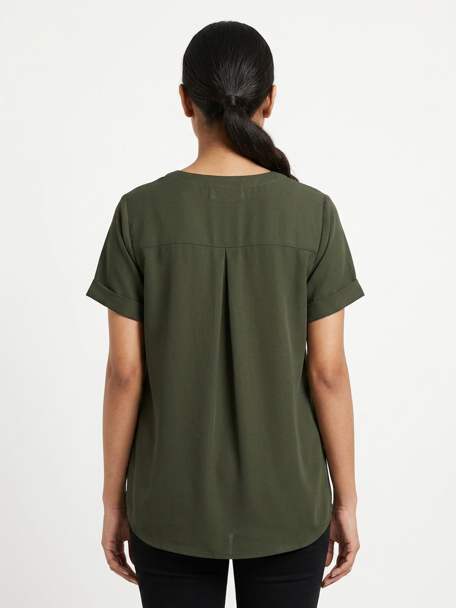 Dark Green Solid Regular Fit Button-Down Top