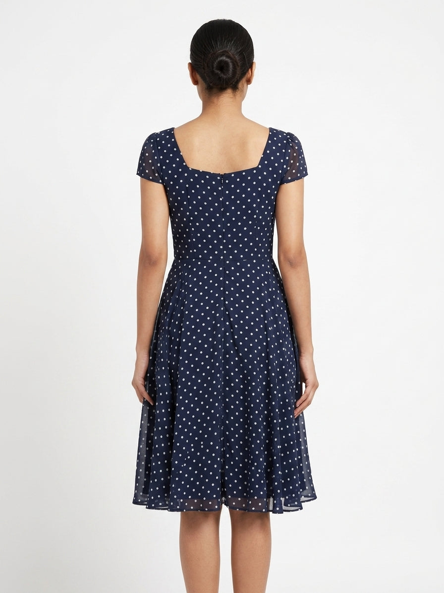 Navy Blue Polka Dot Flared Casual Dress