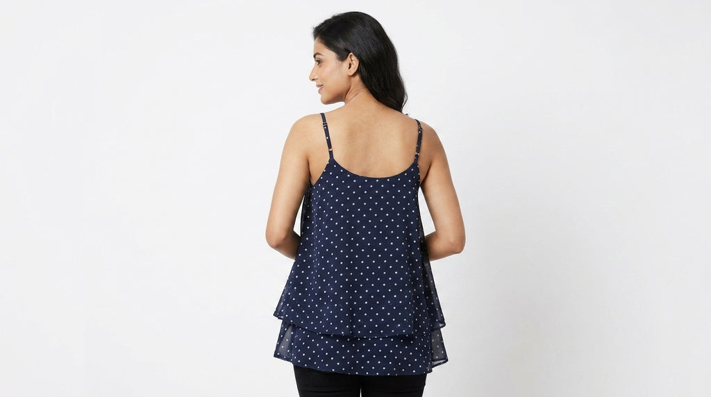 Navy Blue Polka Dot Flared Spaghetti Strap Top