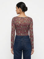 Burgundy Floral Print Shirred Crop Top