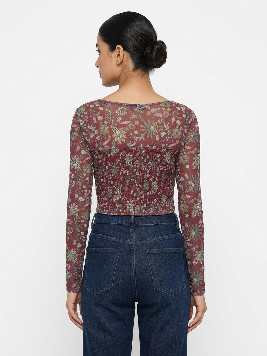 Burgundy Floral Print Shirred Crop Top