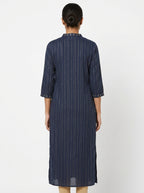 Women's Navy Blue Striped Embellished Straight Kurti