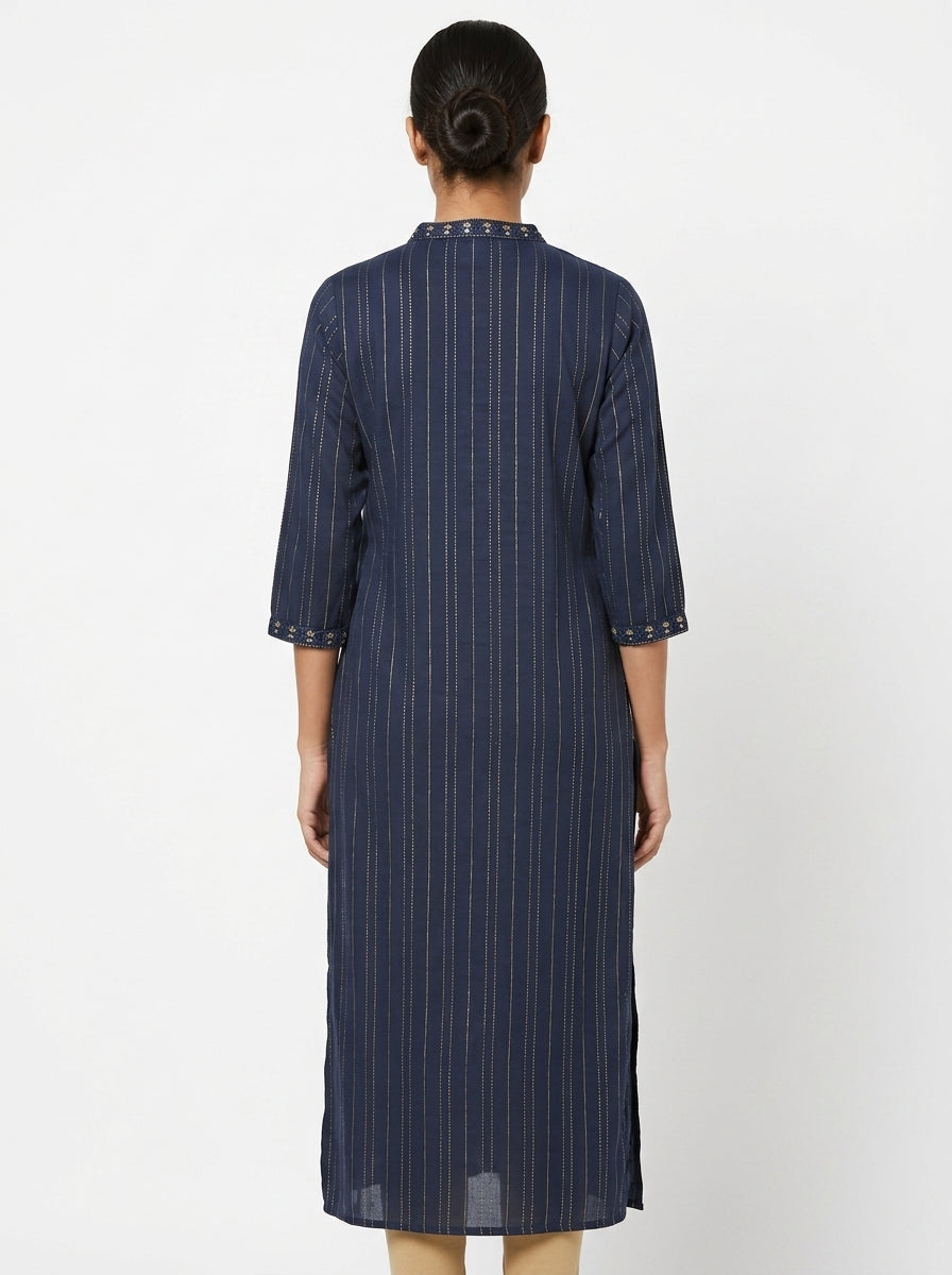 Women's Navy Blue Striped Embellished Straight Kurti