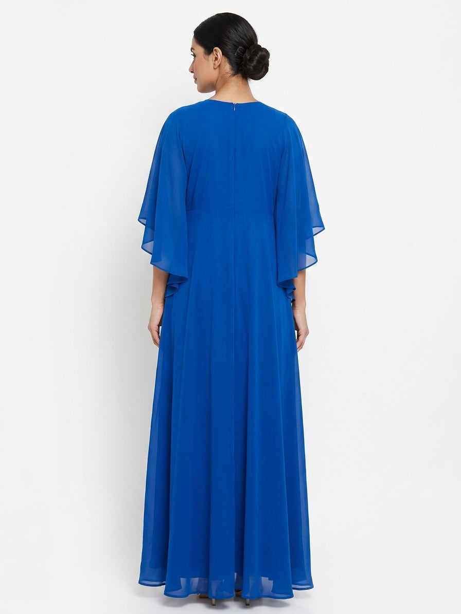 Blue V-Neck Kaftan Style Flared Maxi Dress