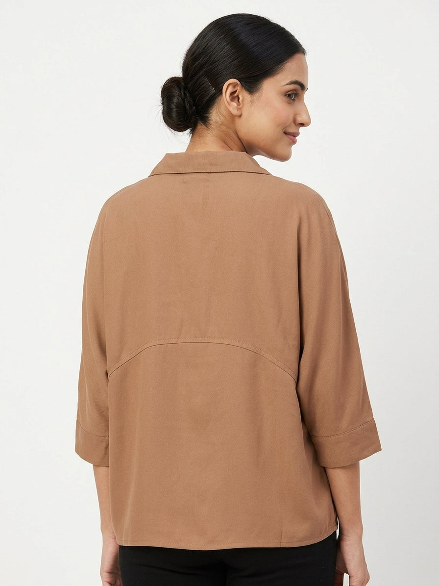Women's Camel Solid Relaxed Fit Top