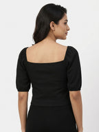 Women's Black Ribbed Square Neck Ruched Crop Top