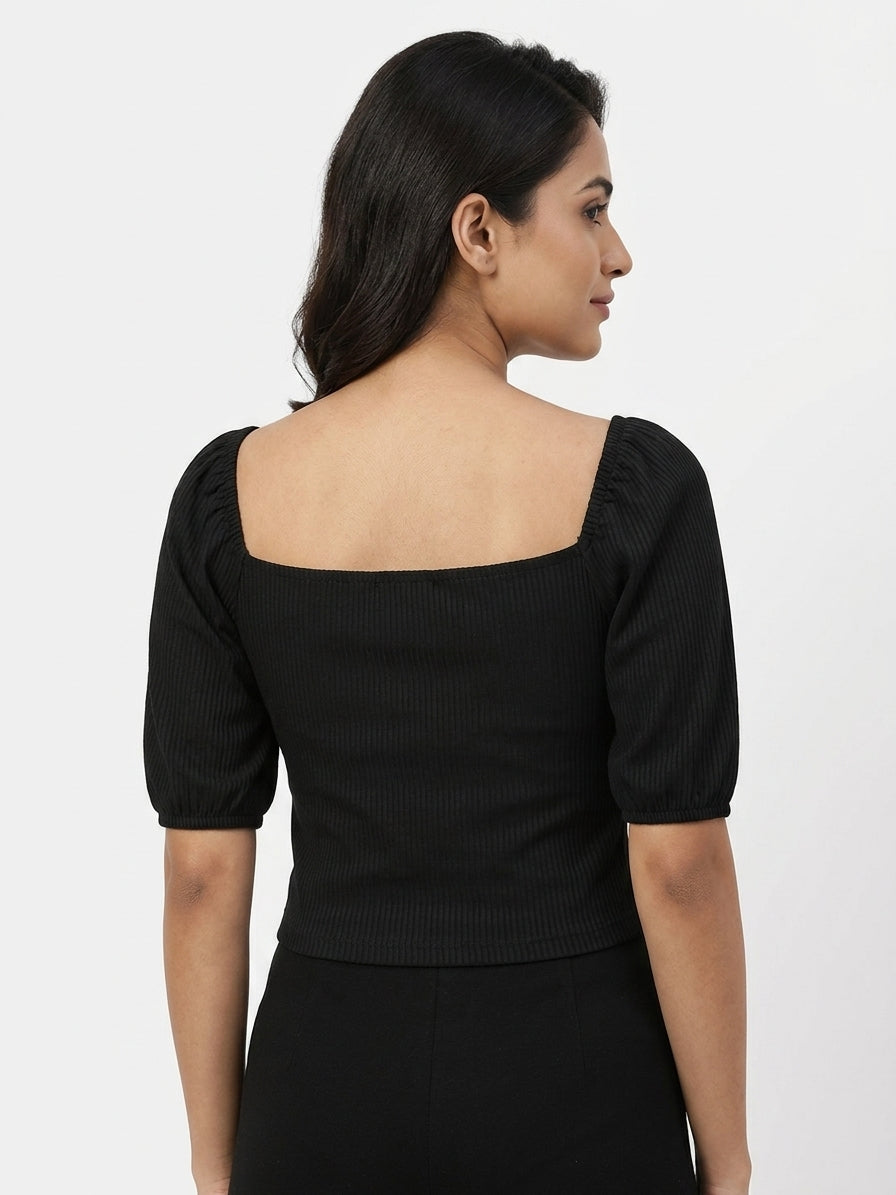 Women's Black Ribbed Square Neck Ruched Crop Top