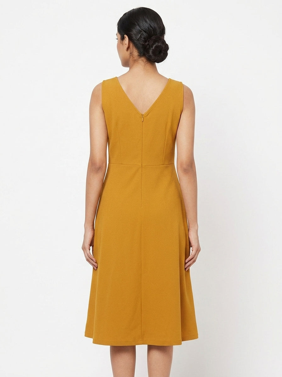 Mustard Sleeveless A-Line V-Neck Dress