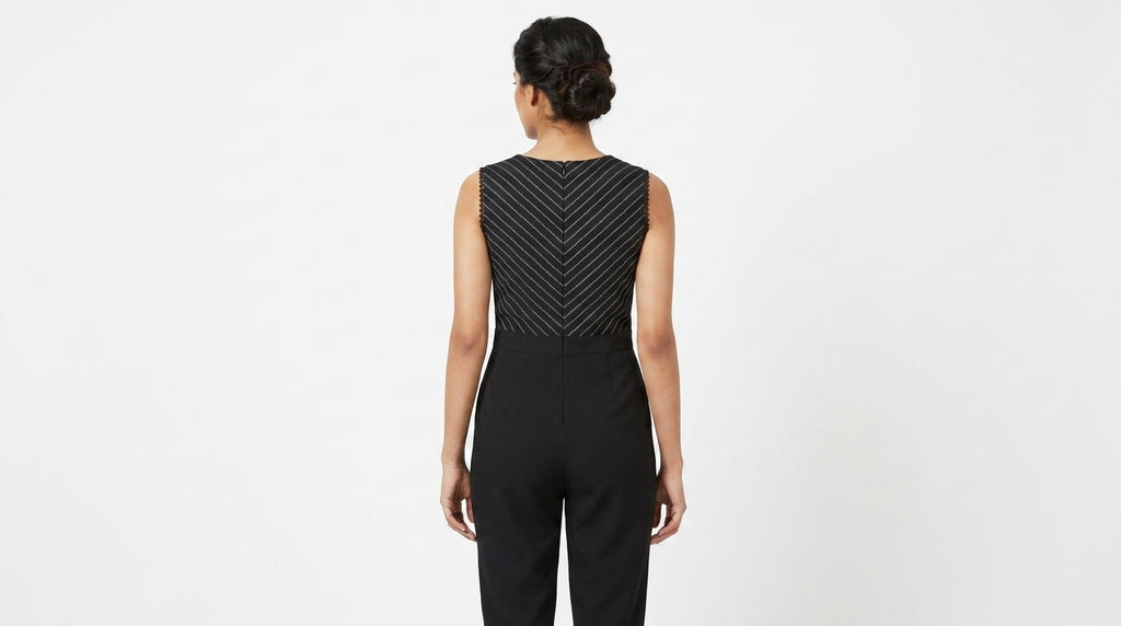 Black Sleeveless Jumpsuit with Chevron Print Top