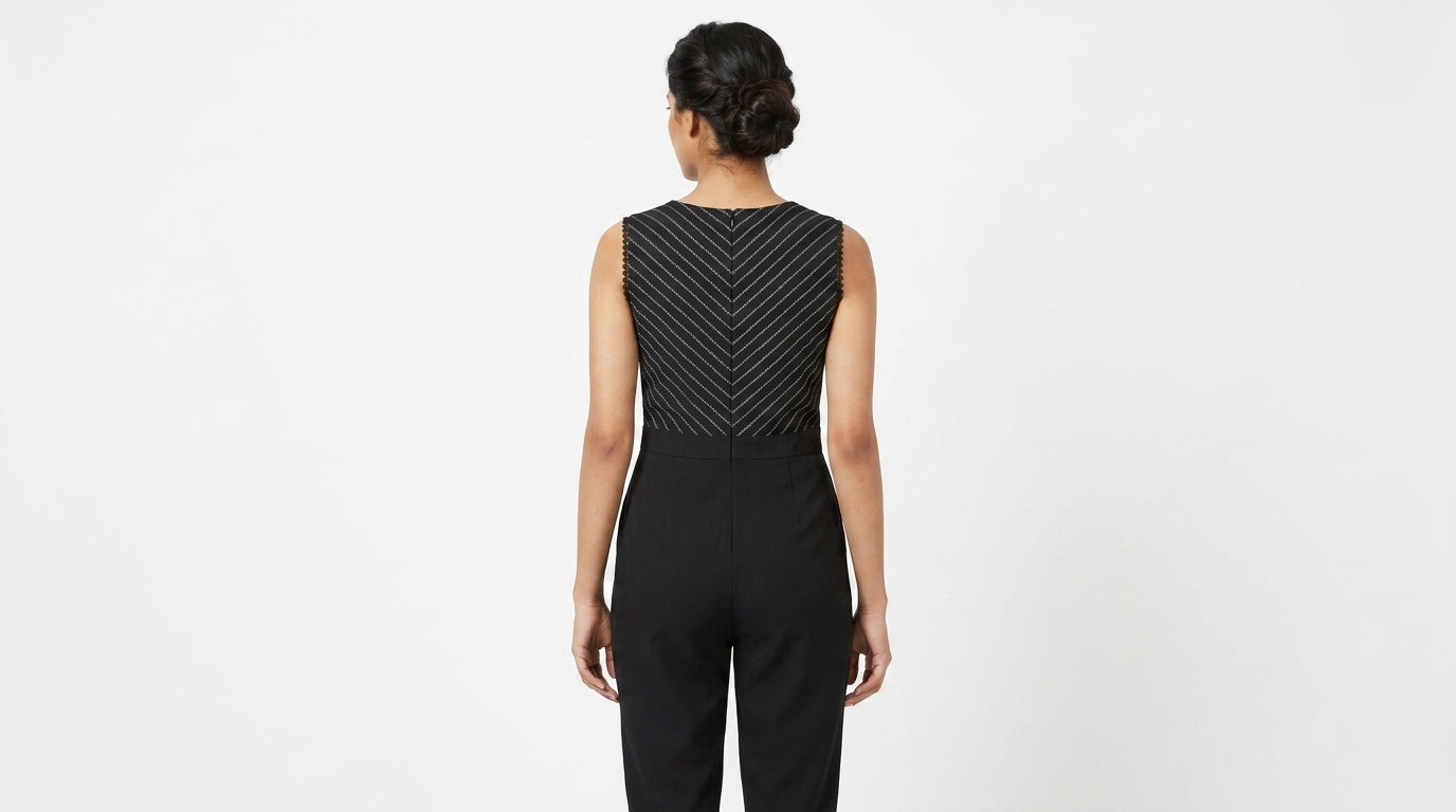 Black Sleeveless Jumpsuit with Chevron Print Top