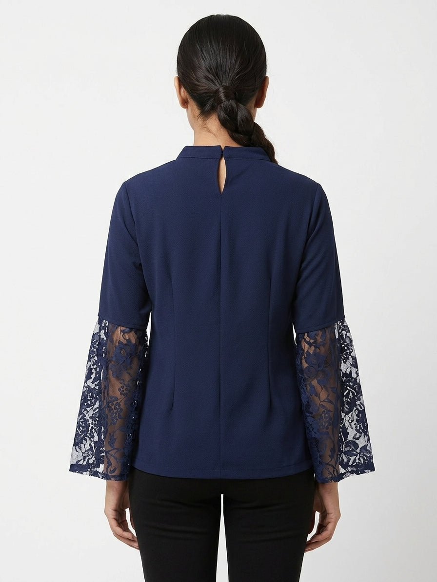 Navy Blue Embellished Top with Lace Bell Sleeves