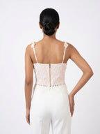 Embellished Peach Lace Crop Top with Floral Details