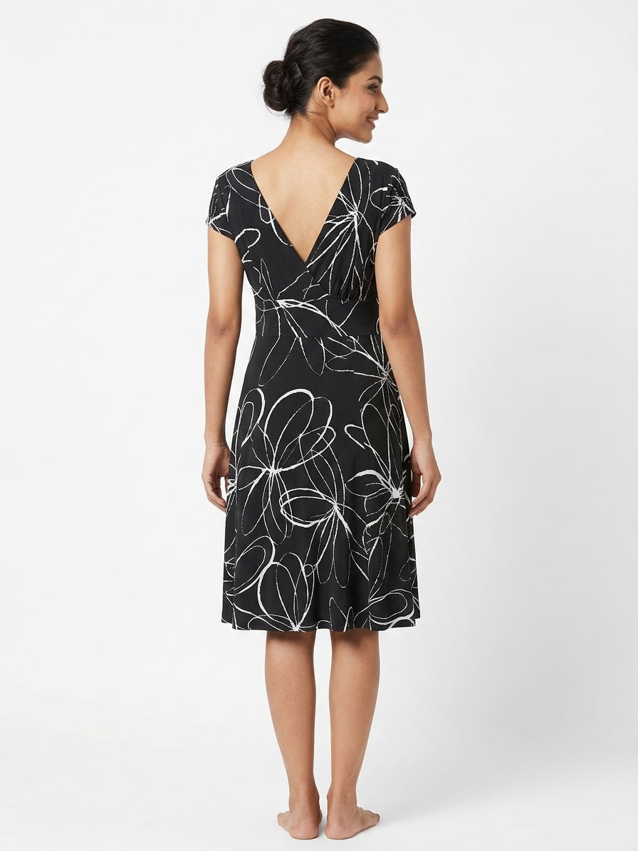 Black Abstract Printed V-Neck Dress