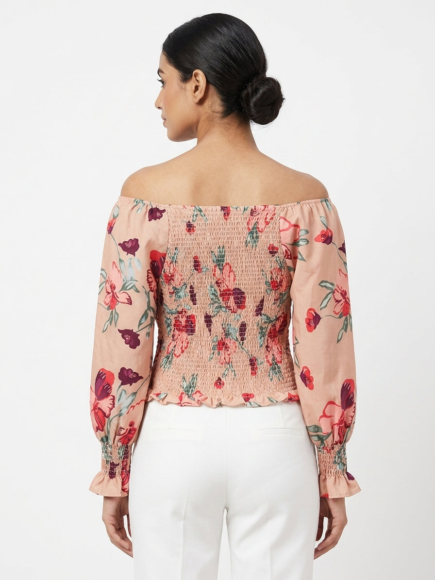 Peach Floral Smocked Long Sleeve Top
