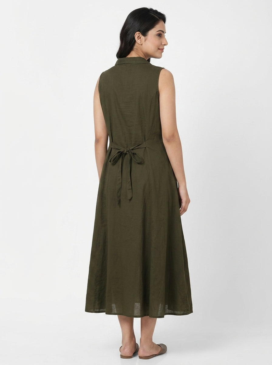 Dark Olive Solid Flared Sleeveless Button-Front Dress