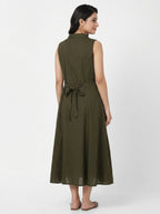 Dark Olive Solid Flared Sleeveless Button-Front Dress