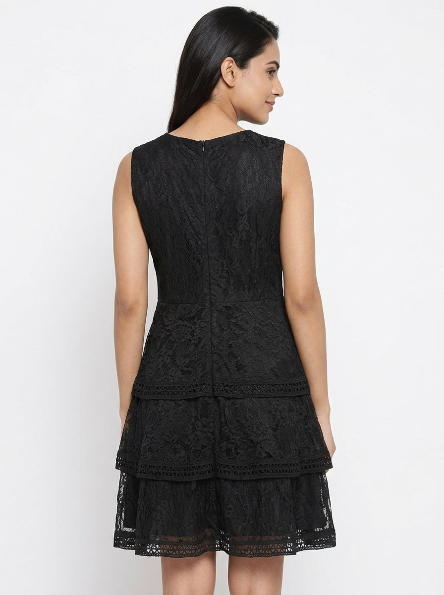 Women's Black Self-Design Lace Tiered Dress