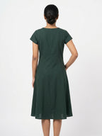 Dark Green Solid A-Line V-Neck Dress