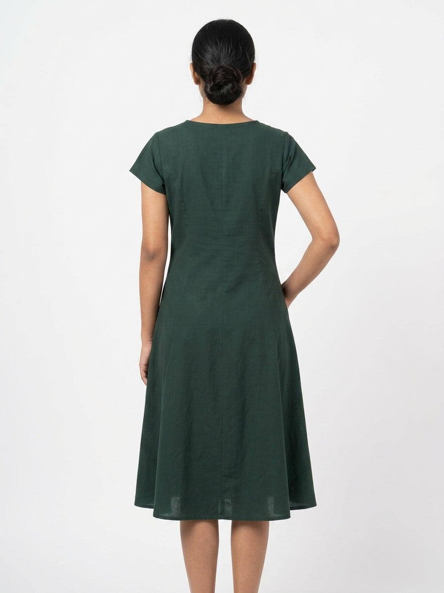 Dark Green Solid A-Line V-Neck Dress