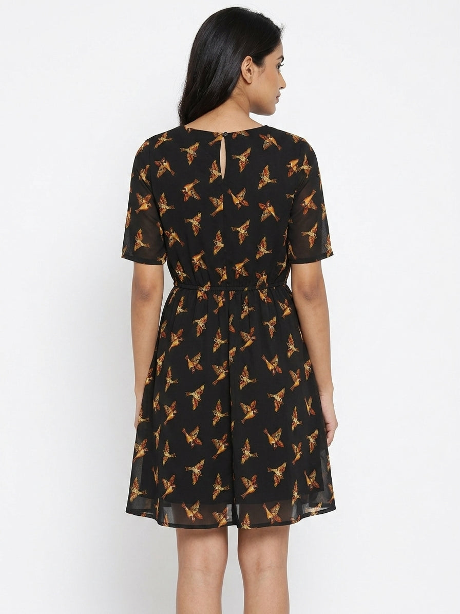 Charcoal Bird Print A-line Casual Dress